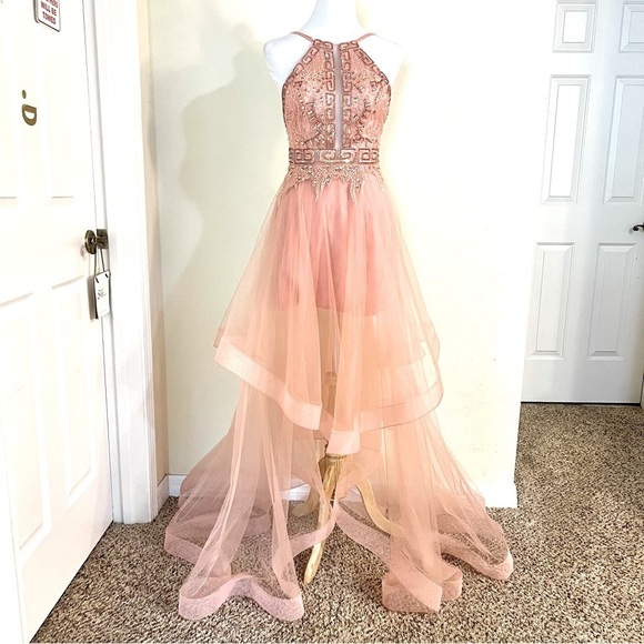 JOVANI Peach sequins beaded Spaghetti Straps Ruffled Tulle Trendy Long Dress 4 - Picture 1 of 10